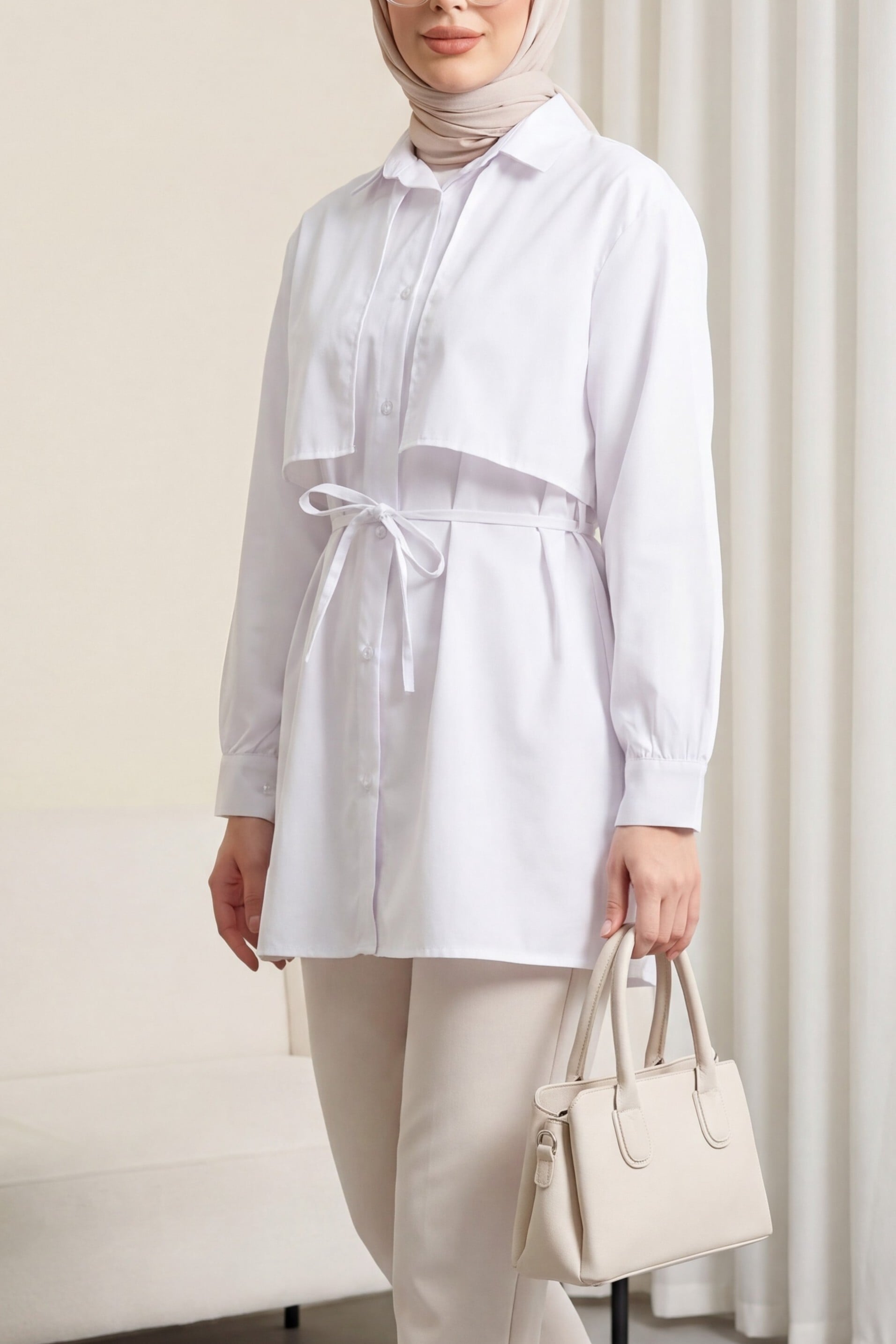 White Cotton Shirt with Bolero Detail and Tie Belt - Podyumplus - by Peralane
