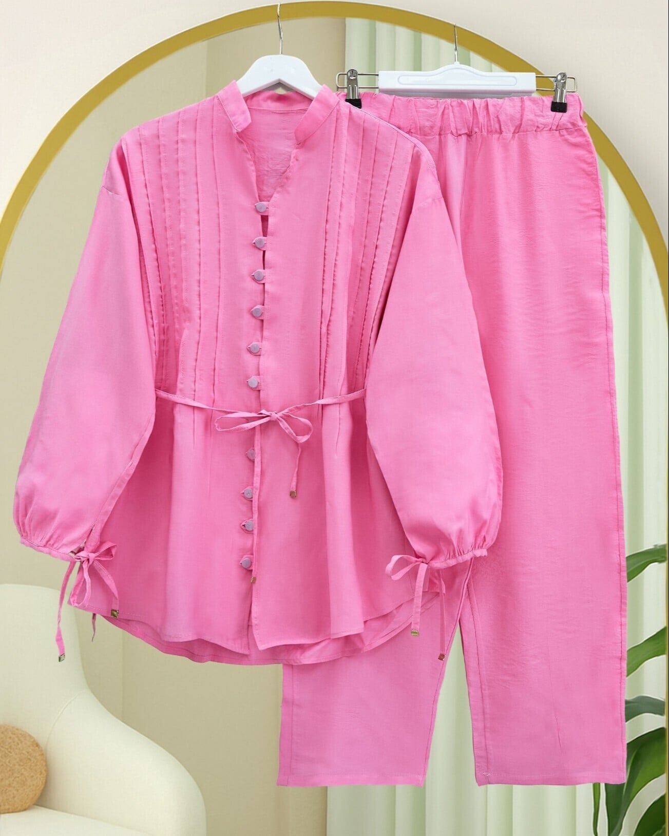 V-Neck Tunic and Wide-Leg Trouser Set with Tie Sleeves - Pink - Podyumplus - by Peralane - photo 2