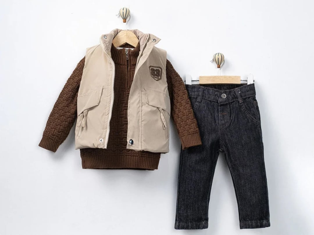 Embroidered Vest Knit Boys' Set - Brown - Canoz - by Peralane