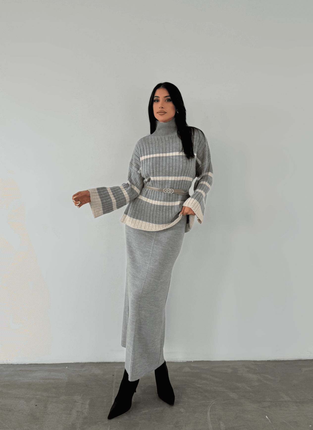 Women's Ribbed Knit Two-Piece Sweater and Skirt Set in Grey - My Bee - by Peralane - photo 2