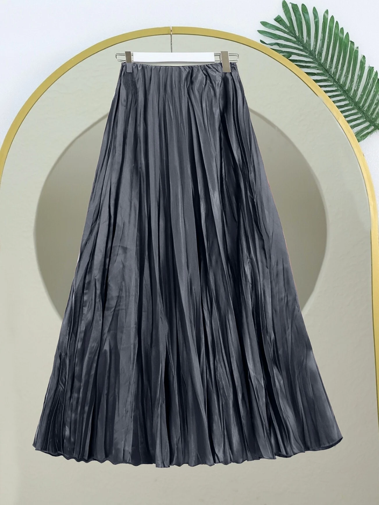 Elasticated Waist Satin Pleated Skirt - Dark Grey - Podyumplus - by Peralane - photo 2