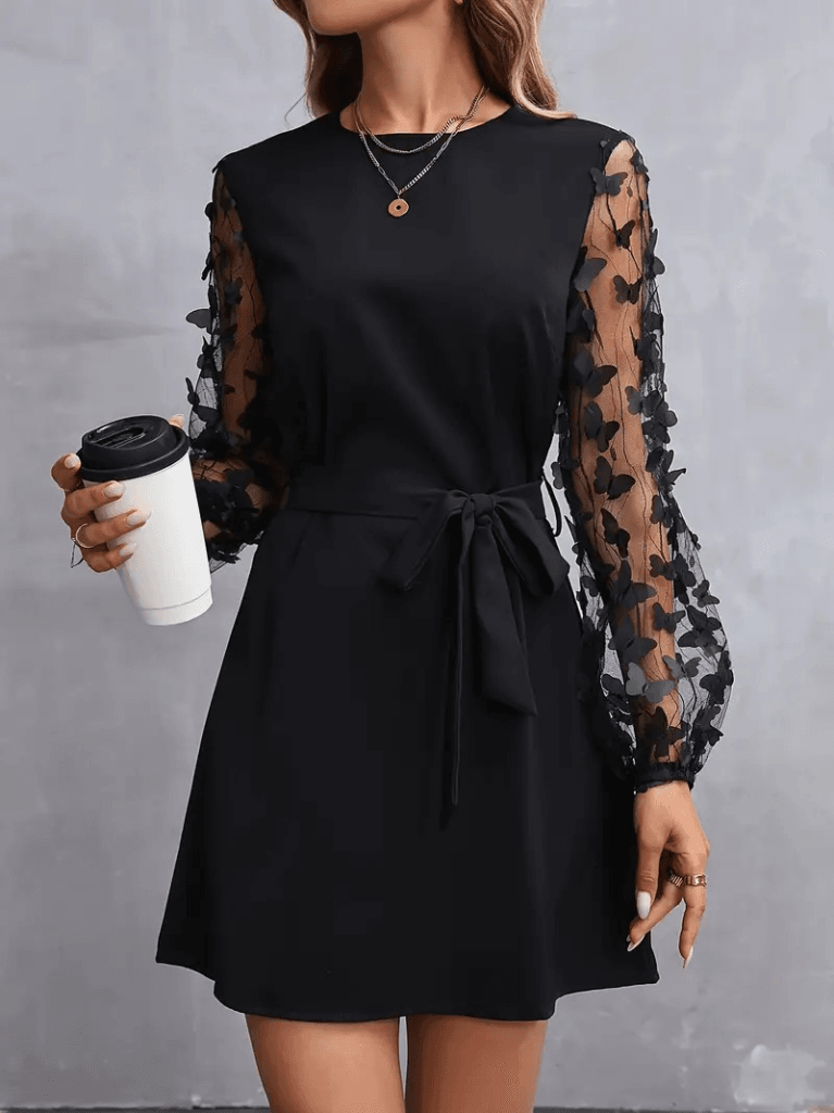 Women's Long Sleeve Crepe Dress with Butterfly Tulle Details and Belt - Janes - by Peralane - photo 9
