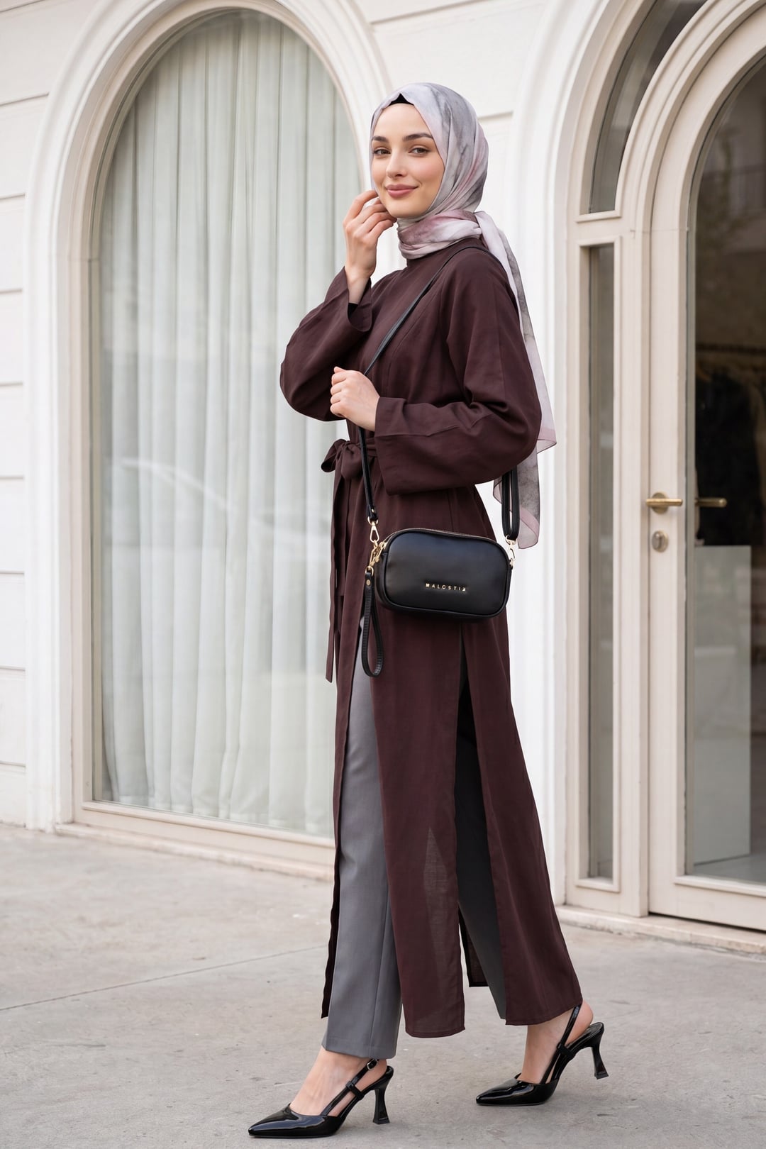 Long Modal Tunic with Round Neck, Deep Slits and Belt - Burgundy - Podyumplus - by Peralane - photo 4