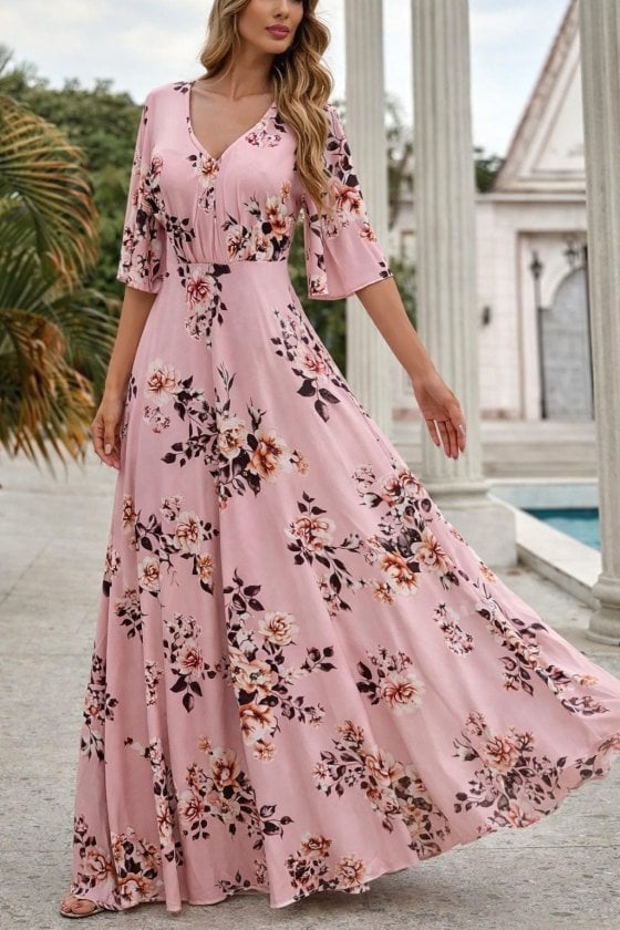 Women's Pink Floral V-Neck Short Sleeve Maxi Dress - Janes - by Peralane - photo 4