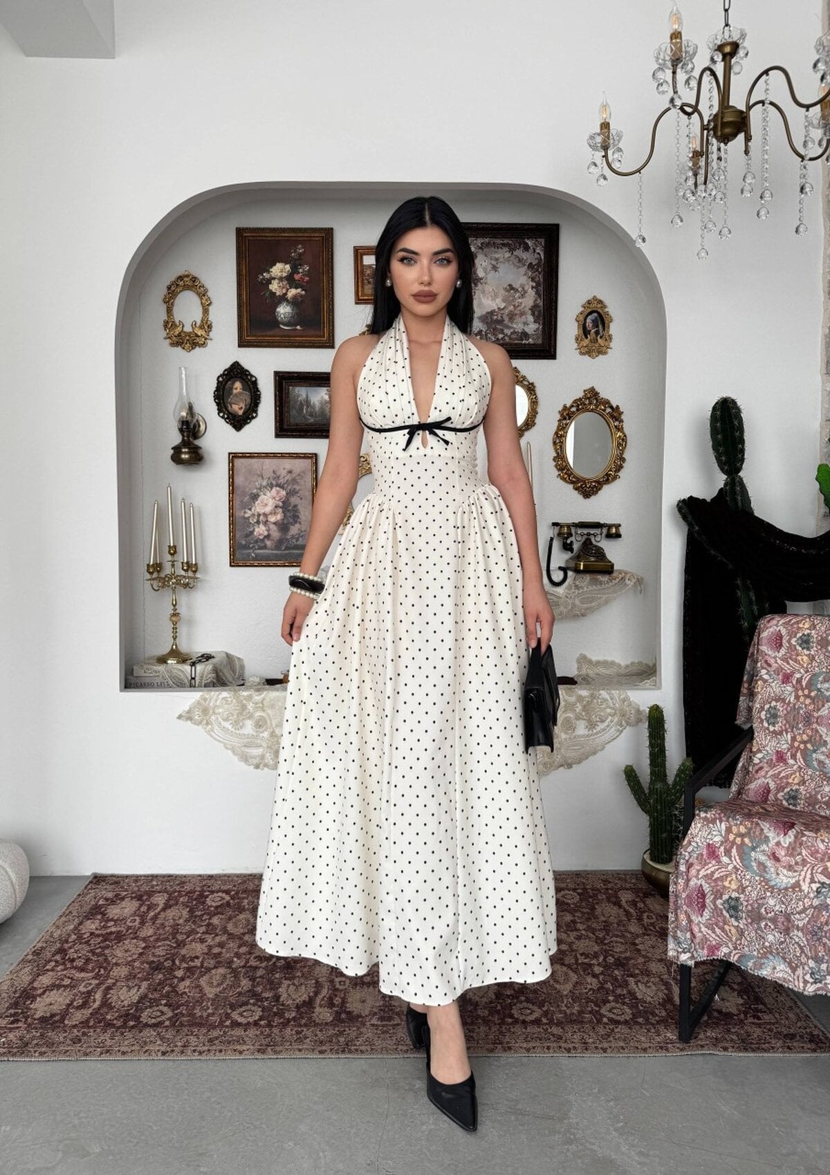 Helde Midi Polka Dot Halter Dress in Ecru - Etika - by Peralane - photo 4