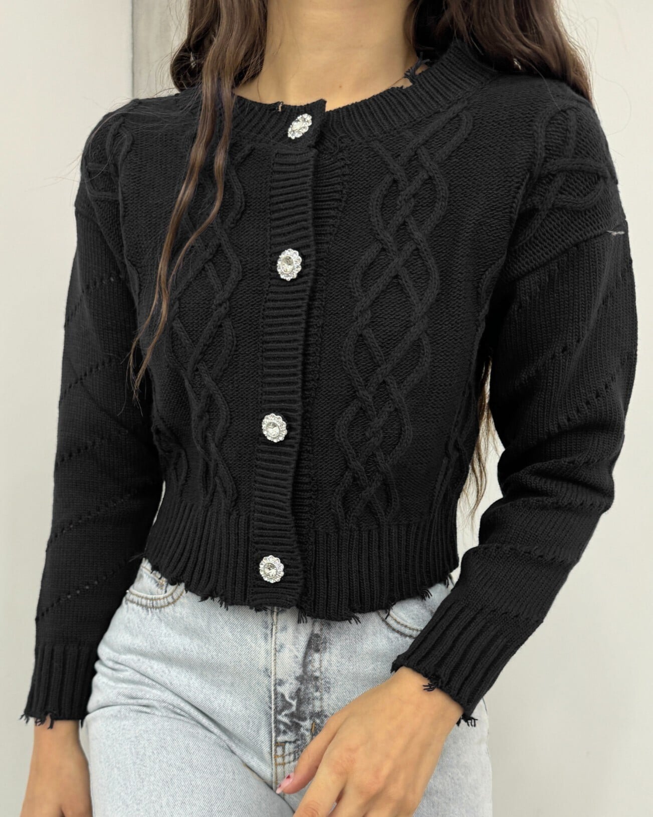 Black Pearl Button Cable Knit Cardigan - Podyumplus - by Peralane - photo 3