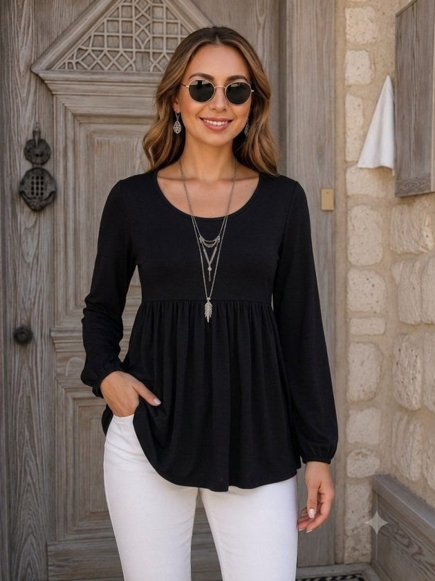 Women's Long Sleeve Round Neck Viscose Tunic with Front Draped Detail - Janes - by Peralane