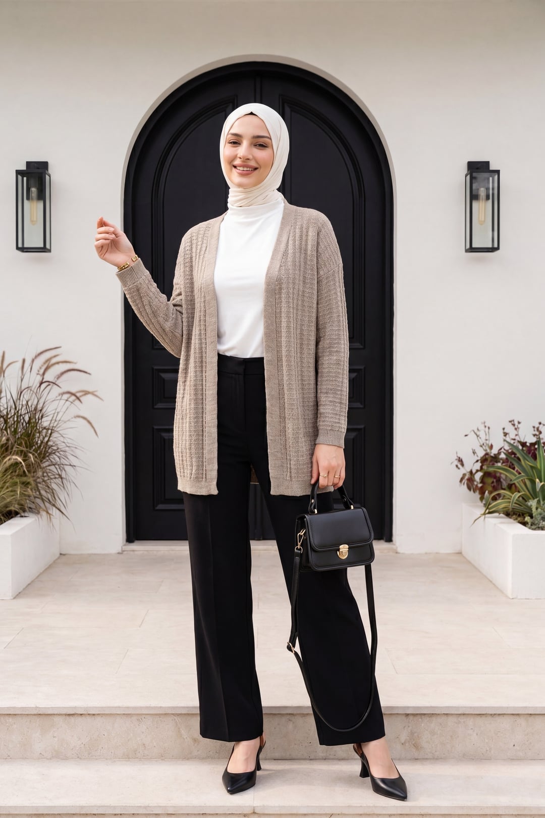 Open-Front Textured Knit Cardigan - Light Brown - Podyumplus - by Peralane - photo 2