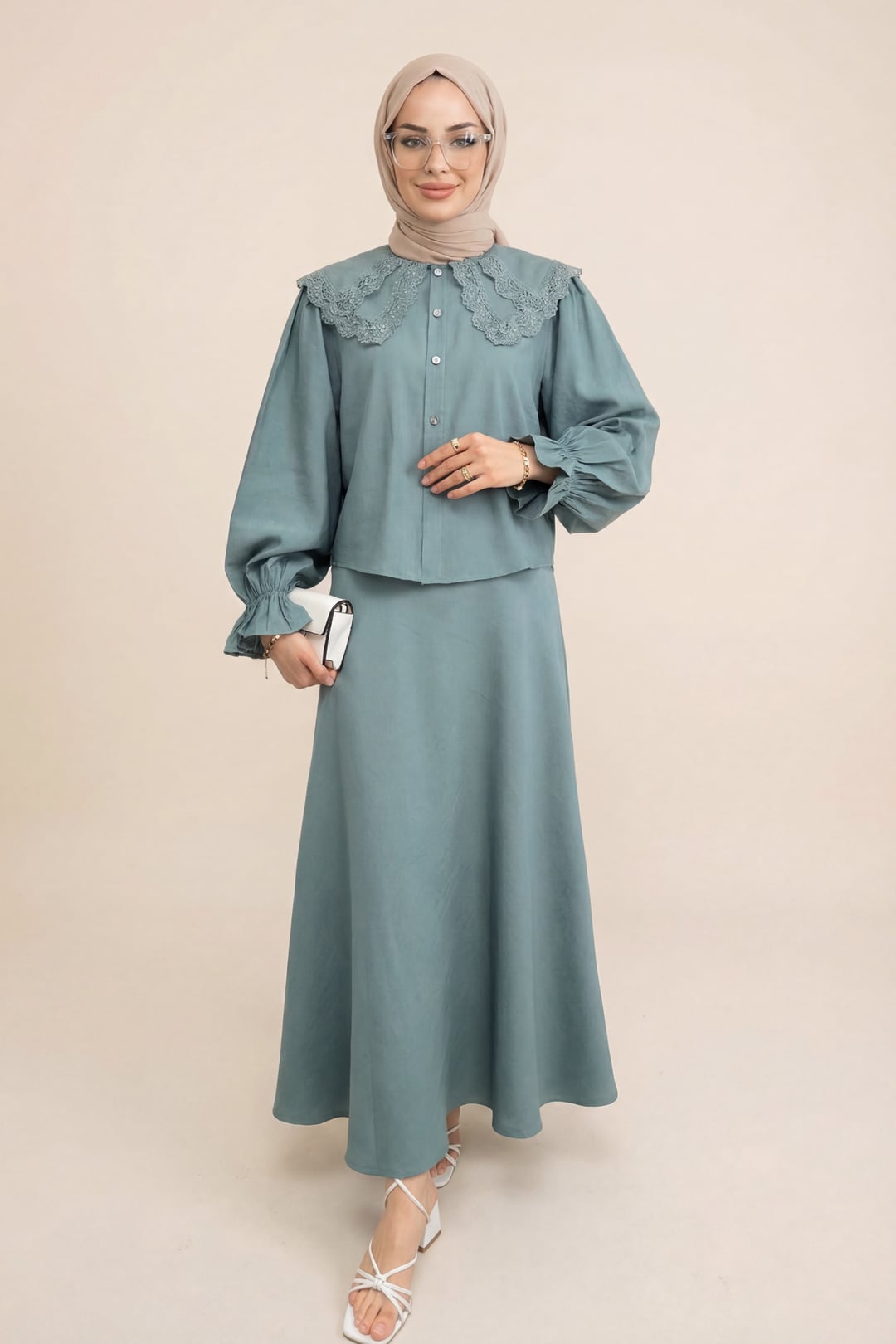 Modest Two-Piece Set with Blouse and Flared Skirt - Mint - Podyumplus - by Peralane - photo 3