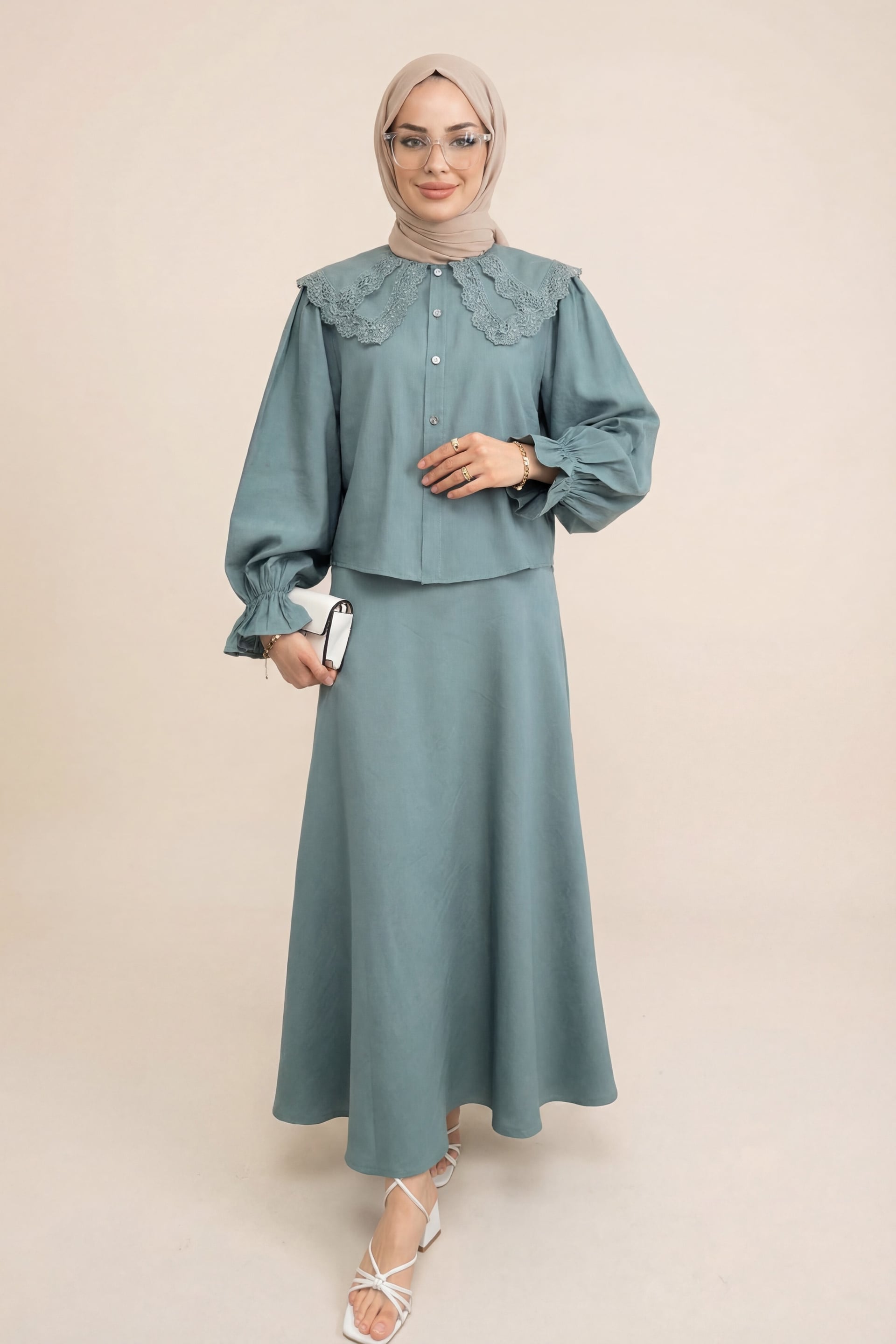 Modest Two-Piece Set with Blouse and Flared Skirt - Mint - Podyumplus - by Peralane - photo 3