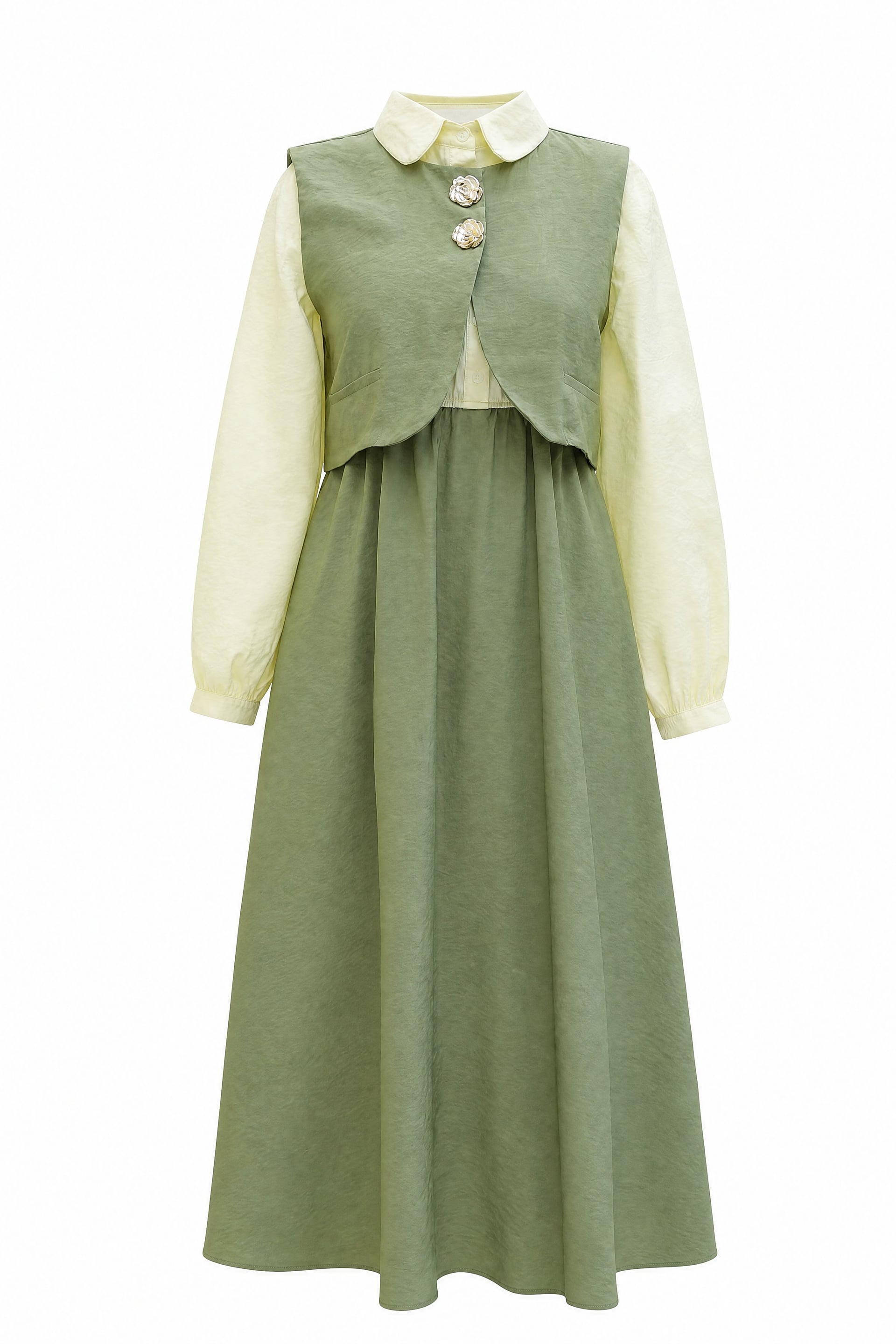 Snap Mini Vest Long Sleeve Modal Maxi Dress with Half Button - Pale Green - Podyumplus - by Peralane - photo 5