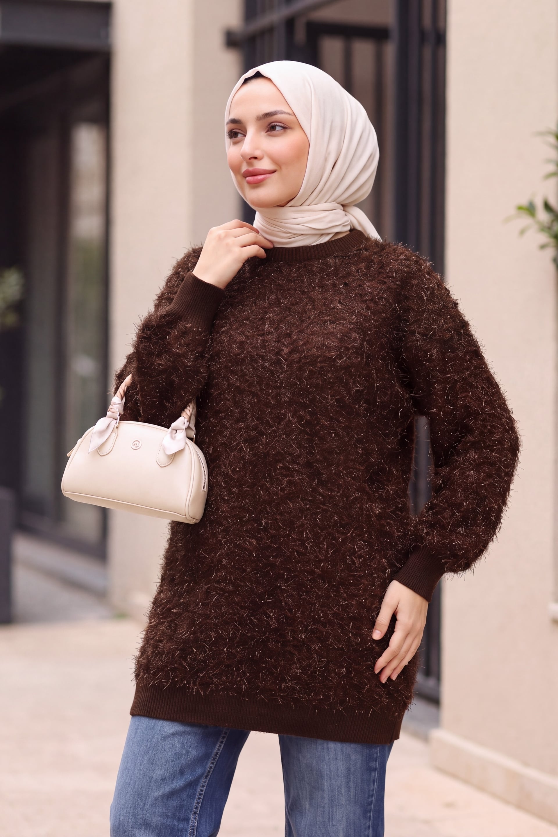 Women's Brown Sequin Crew Neck Fuzzy Knit Tunic - Podyumplus - by Peralane - photo 2