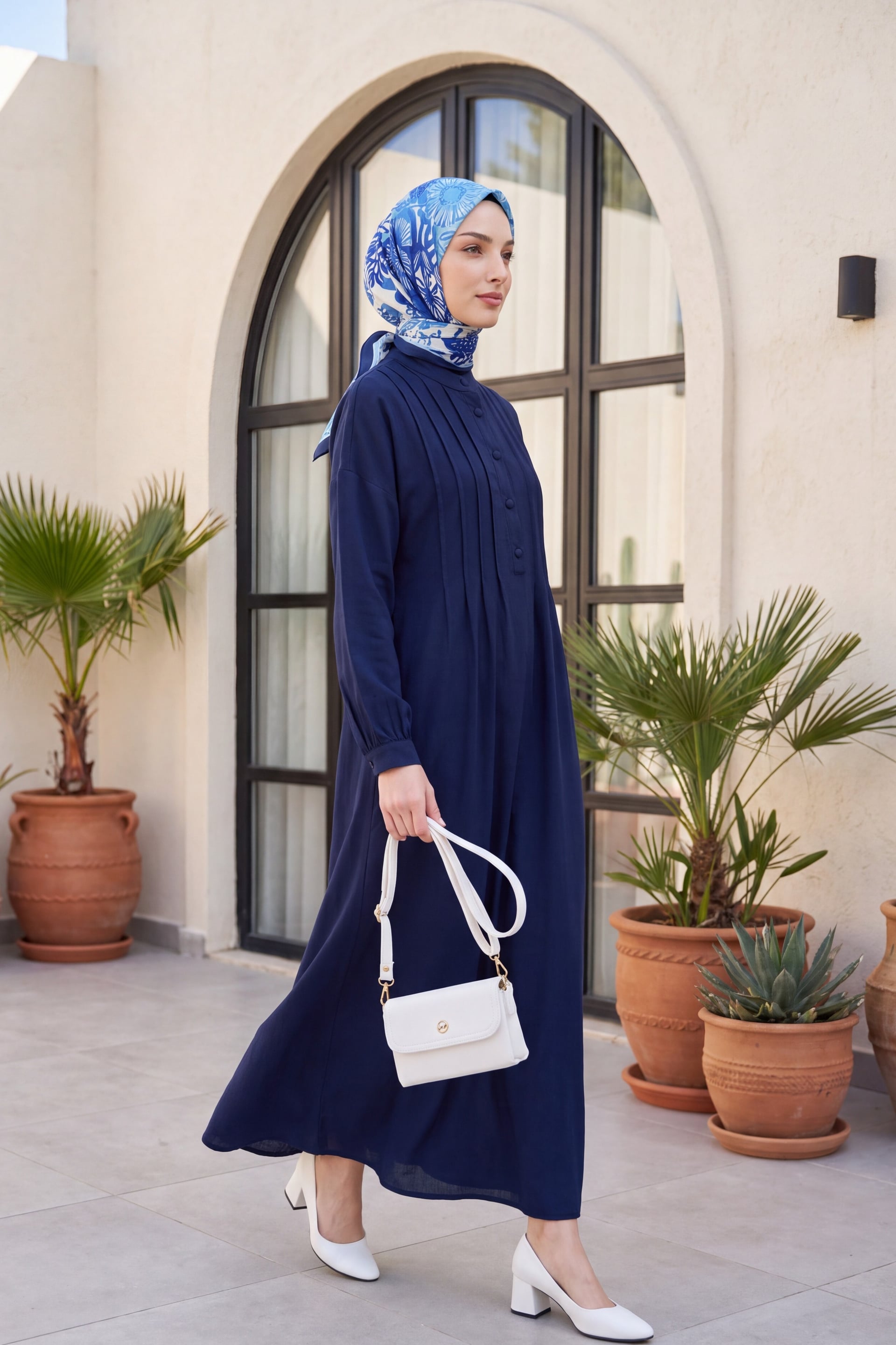 Navy Blue Half Button Muslin Dress with Ribbed Front - Podyumplus - by Peralane - photo 4