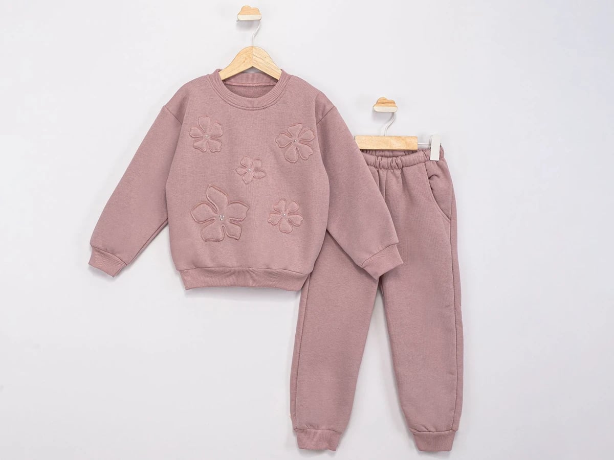 Girls' Dusty Rose Sweatshirt and Trousers Set with Floral Appliqués - Feely Kids - by Peralane