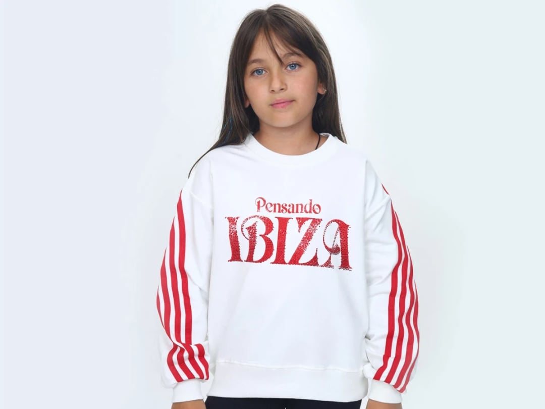 Girls' Crew Neck Sweatshirt with Red Sleeve Stripes - Vizviz - by Peralane