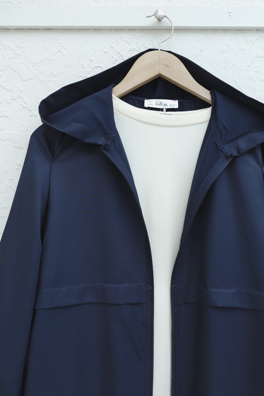 Navy Blue Hooded Full Zip Long Raincoat - Podyumplus - by Peralane - photo 6