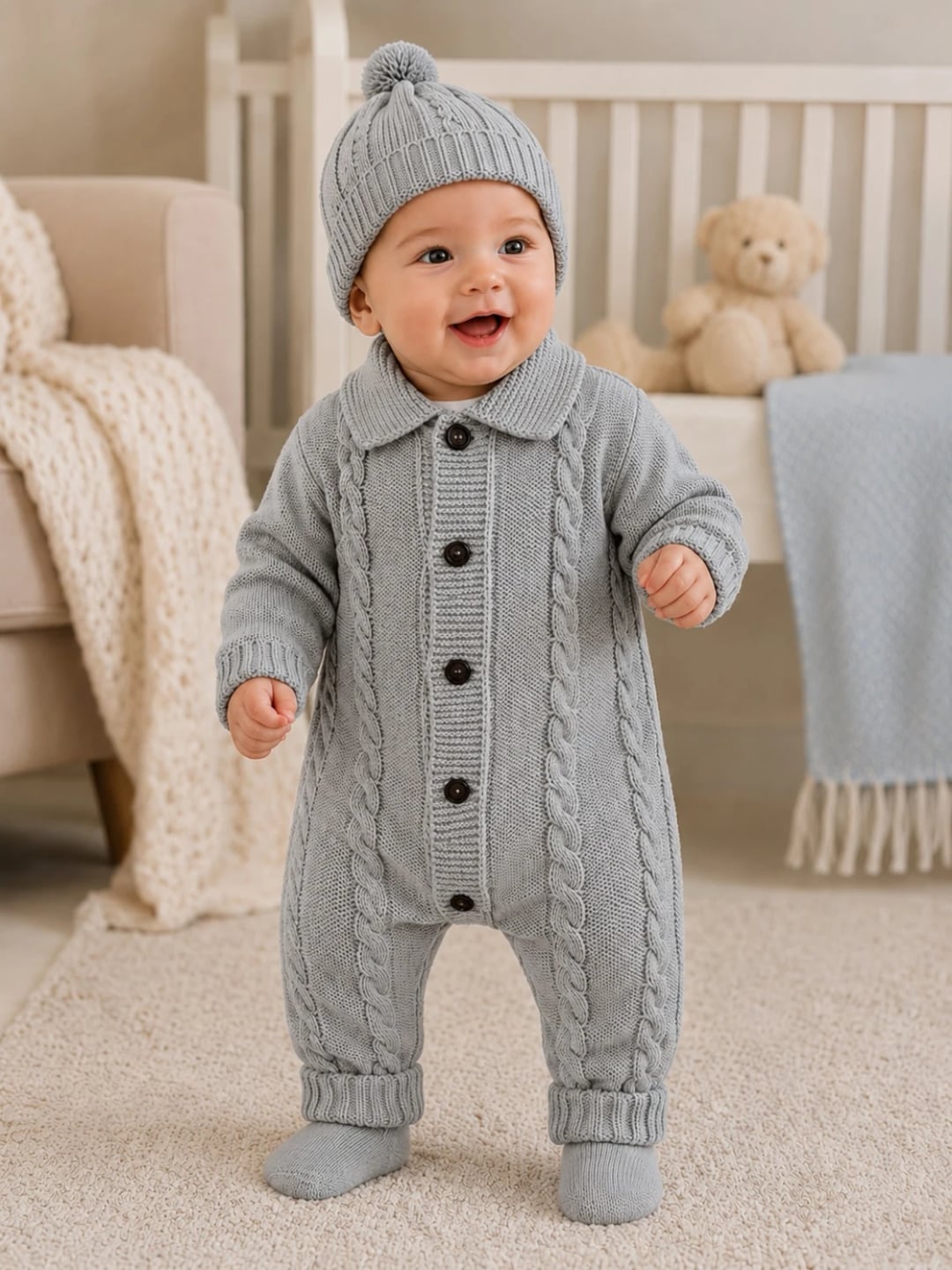 Knitted Baby Romper and Hat Set - Grey - Has Bereket - by Peralane
