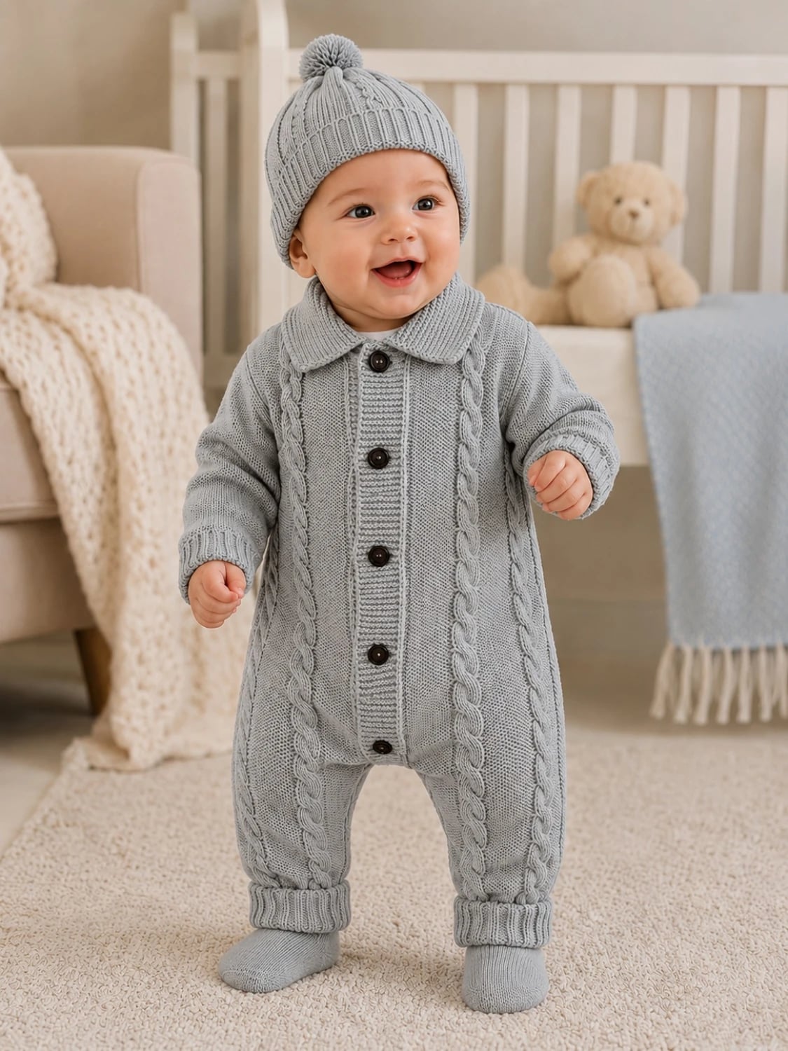 Knitted Baby Romper and Hat Set - Grey - Has Bereket - by Peralane