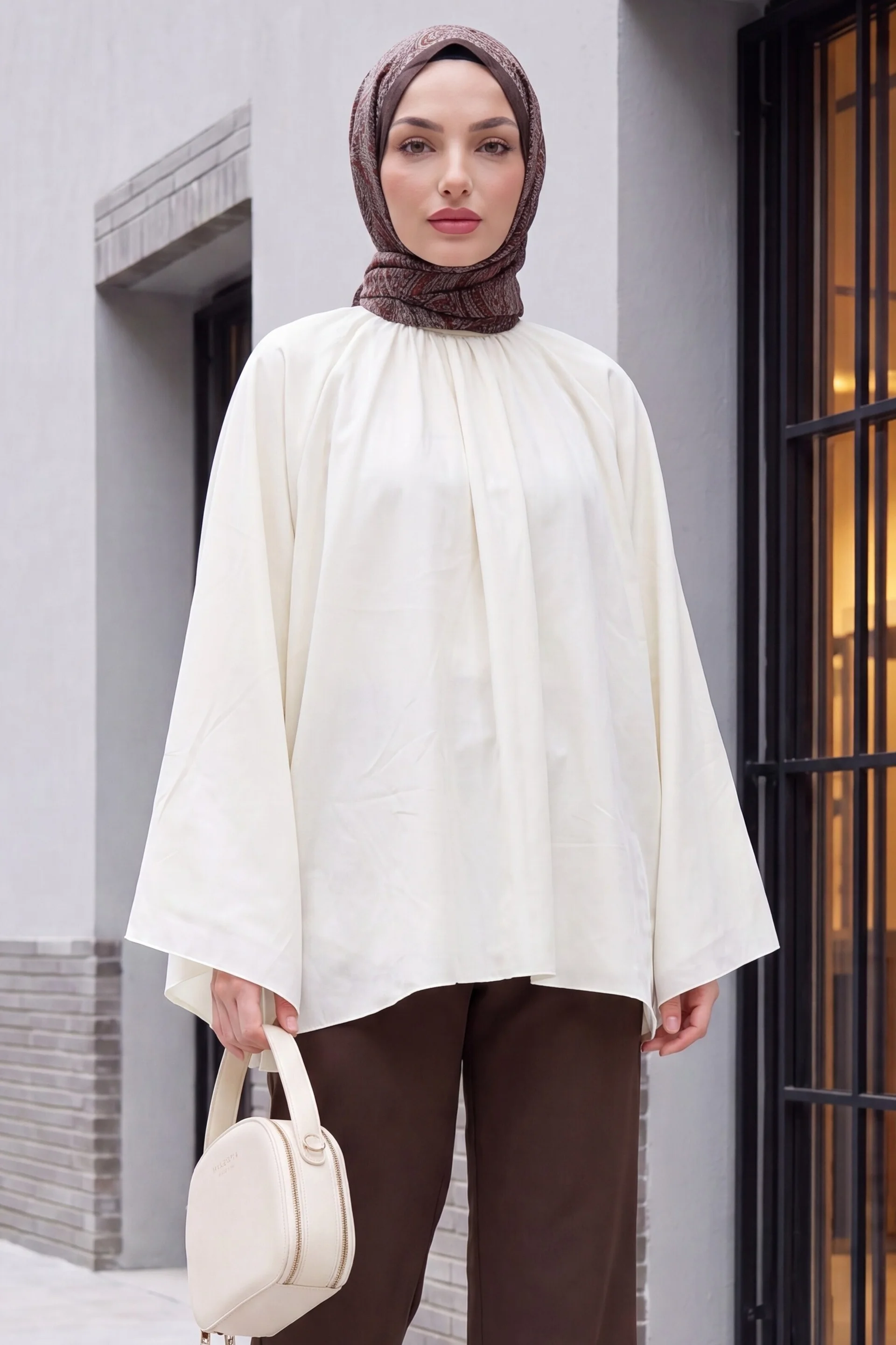 Cream Lined Voile Blouse with Gathered Neckline and Spanish Sleeves - Podyumplus - by Peralane