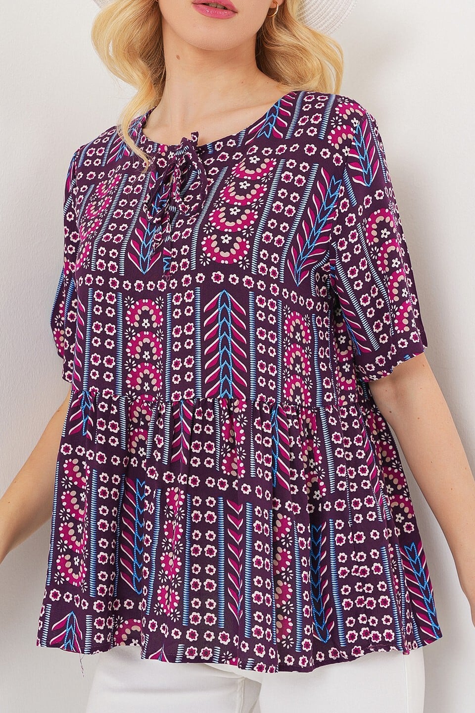 Women's Patterned Short Sleeve Blouse 969 - Burgundy - Bigdart - by Peralane - photo 3