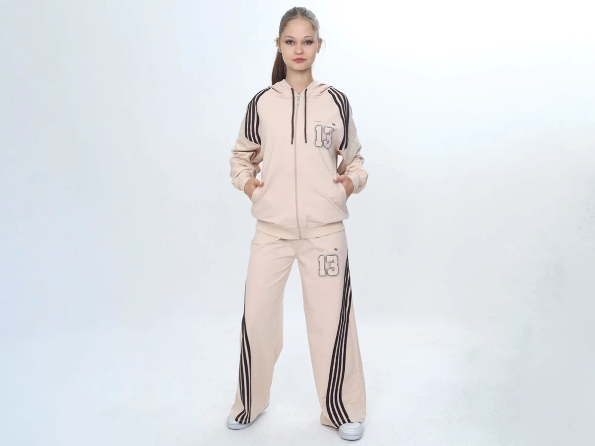 Girls' Striped Zip-Up Hooded Tracksuit Set with '13' Print - Beige - Vizviz - by Peralane