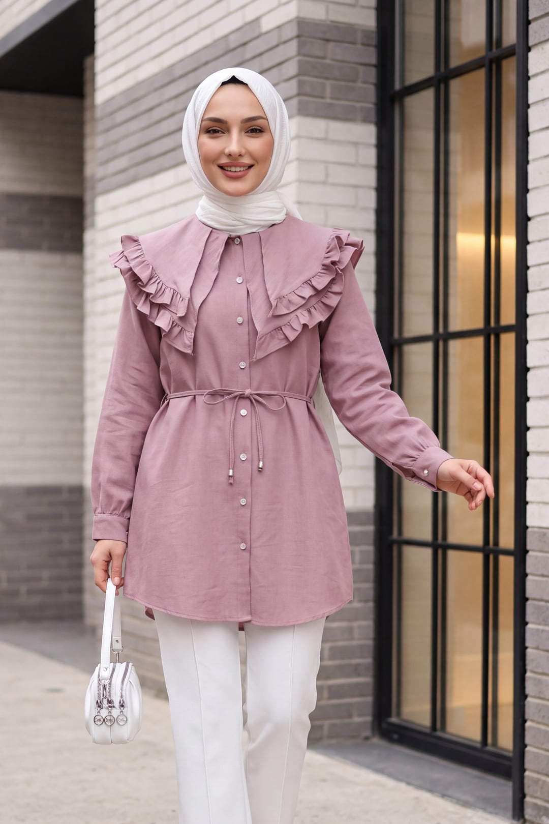 Double-Layer Ruffled Collar Buttoned Tie-Waist Linen Look Tunic - Powder - Podyumplus - by Peralane