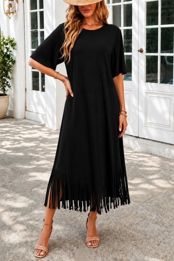 Women's Short Sleeve Round Neck Fringe Zigzag Hem Midi Viscose Dress - Janes - by Peralane - photo 2