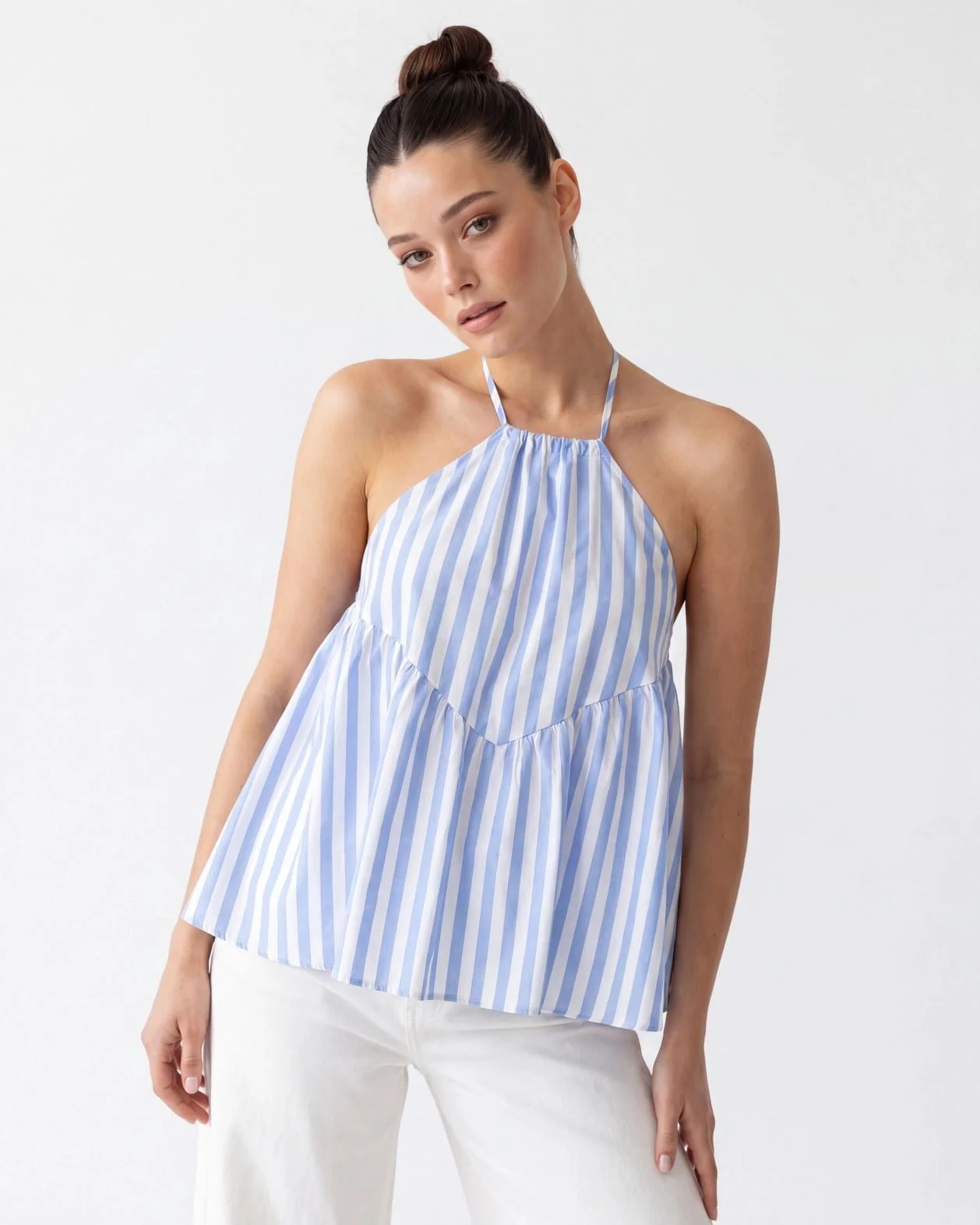 Blue and White Striped Halter Top with Peplum Hem - Fame - by Peralane - photo 3