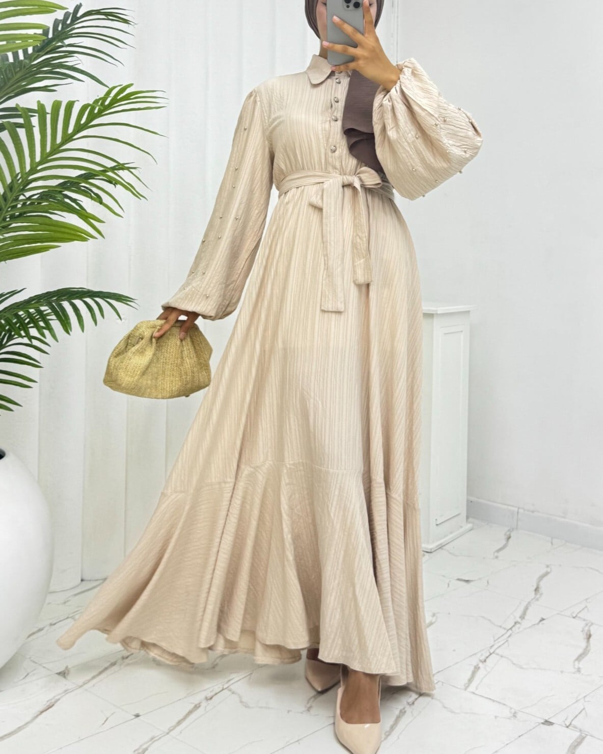 Pearl Detail Balloon Sleeve Crinkle Dress - Beige - Podyumplus - by Peralane - photo 4