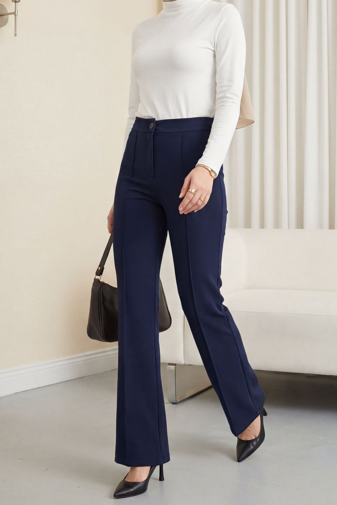 Buttoned Elastic Waist Stretch Palazzo Trousers - Dark Navy - Podyumplus - by Peralane