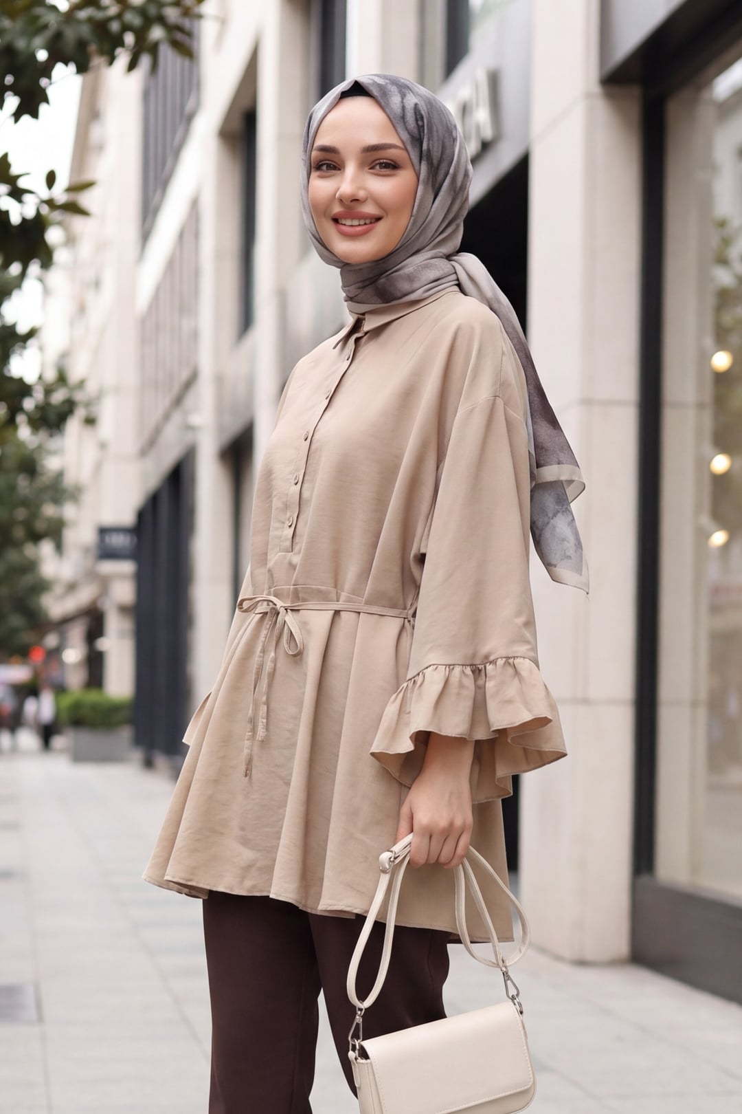 Buttoned Belted Batwing Sleeve Flounced Oversize Modal Tunic - Mink - Podyumplus - by Peralane - photo 2