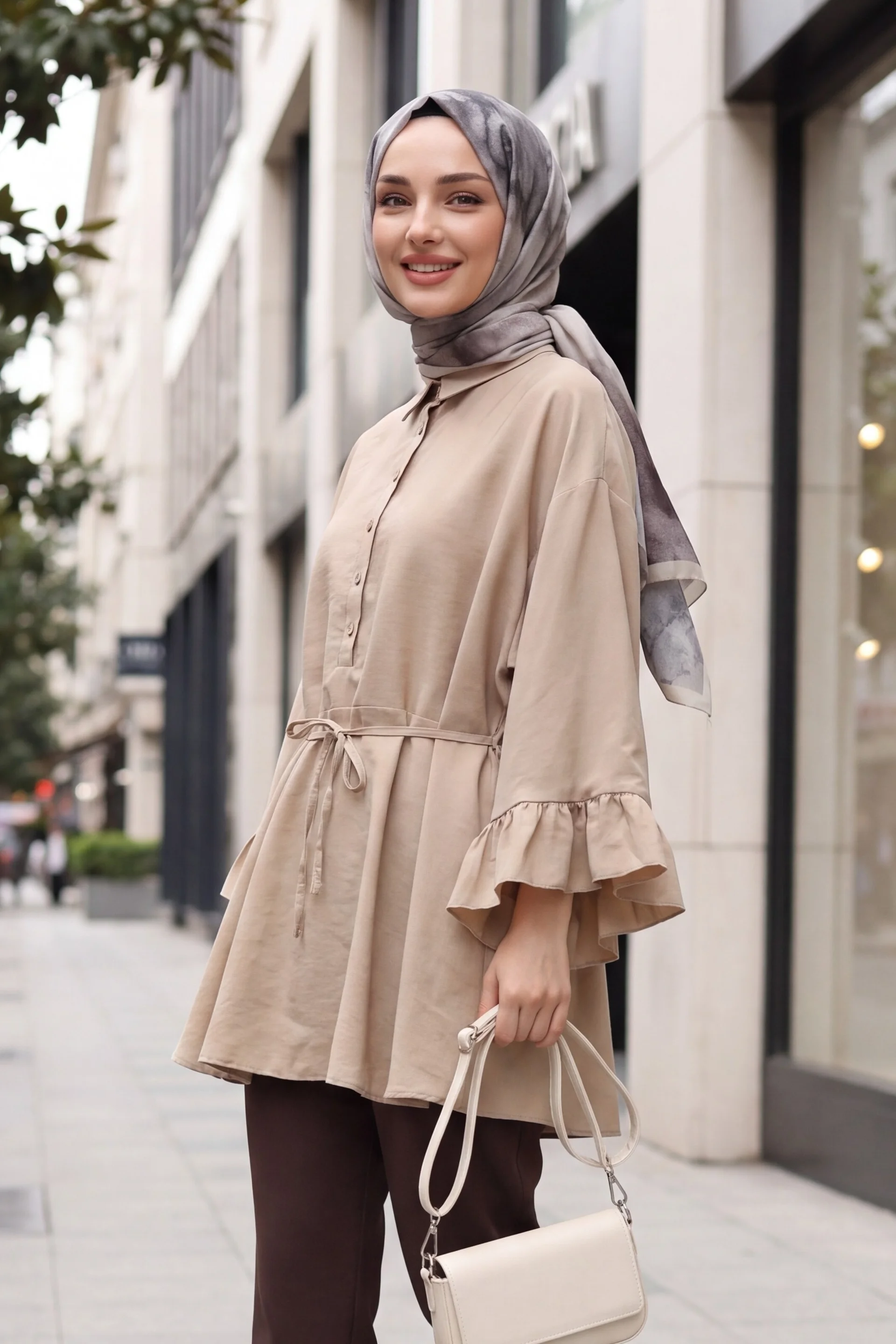 Buttoned Belted Batwing Sleeve Flounced Oversize Modal Tunic - Mink - Podyumplus - by Peralane - photo 2