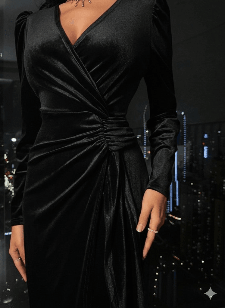 Women's Long Sleeve Wrap Velvet Midi Dress with Side Ruched Detail - Janes - by Peralane - photo 3
