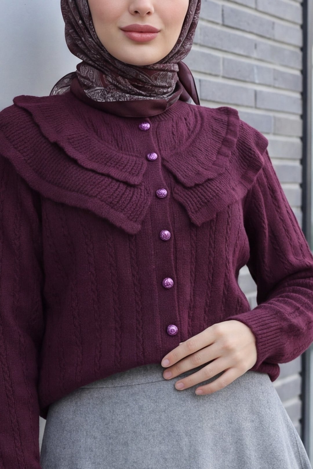 Crew Neck Ruffle Detail Openwork Button Knit Cardigan - Plum - Podyumplus - by Peralane - photo 5