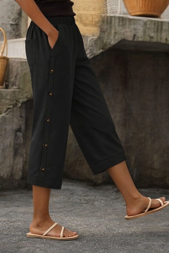 Women's High-Waist Elasticated Side-Button Detail Midi Trousers - Janes - by Peralane - photo 3