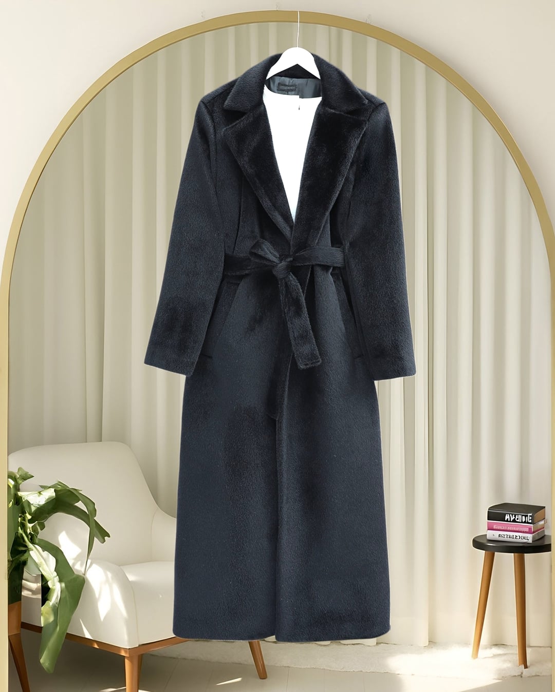 Belted Long Plush Coat with Pockets - Black - Podyumplus - by Peralane