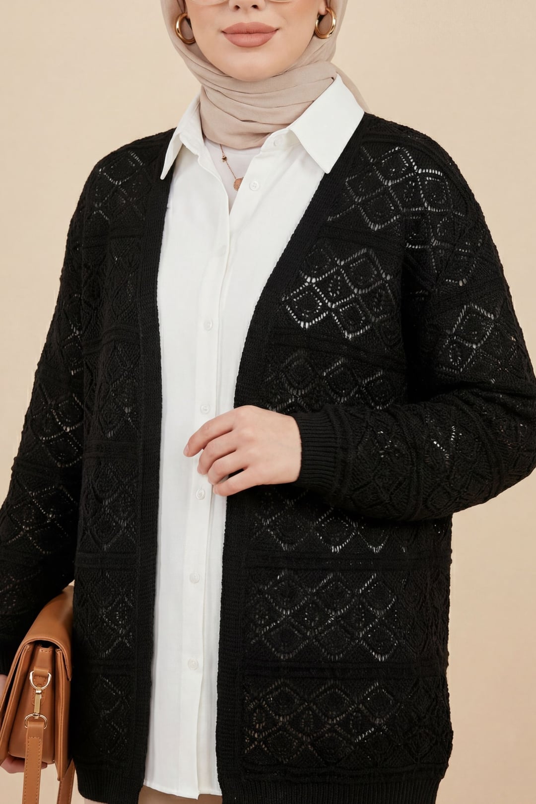 Black Square Pattern Open-Knit Cardigan - Podyumplus - by Peralane - photo 3