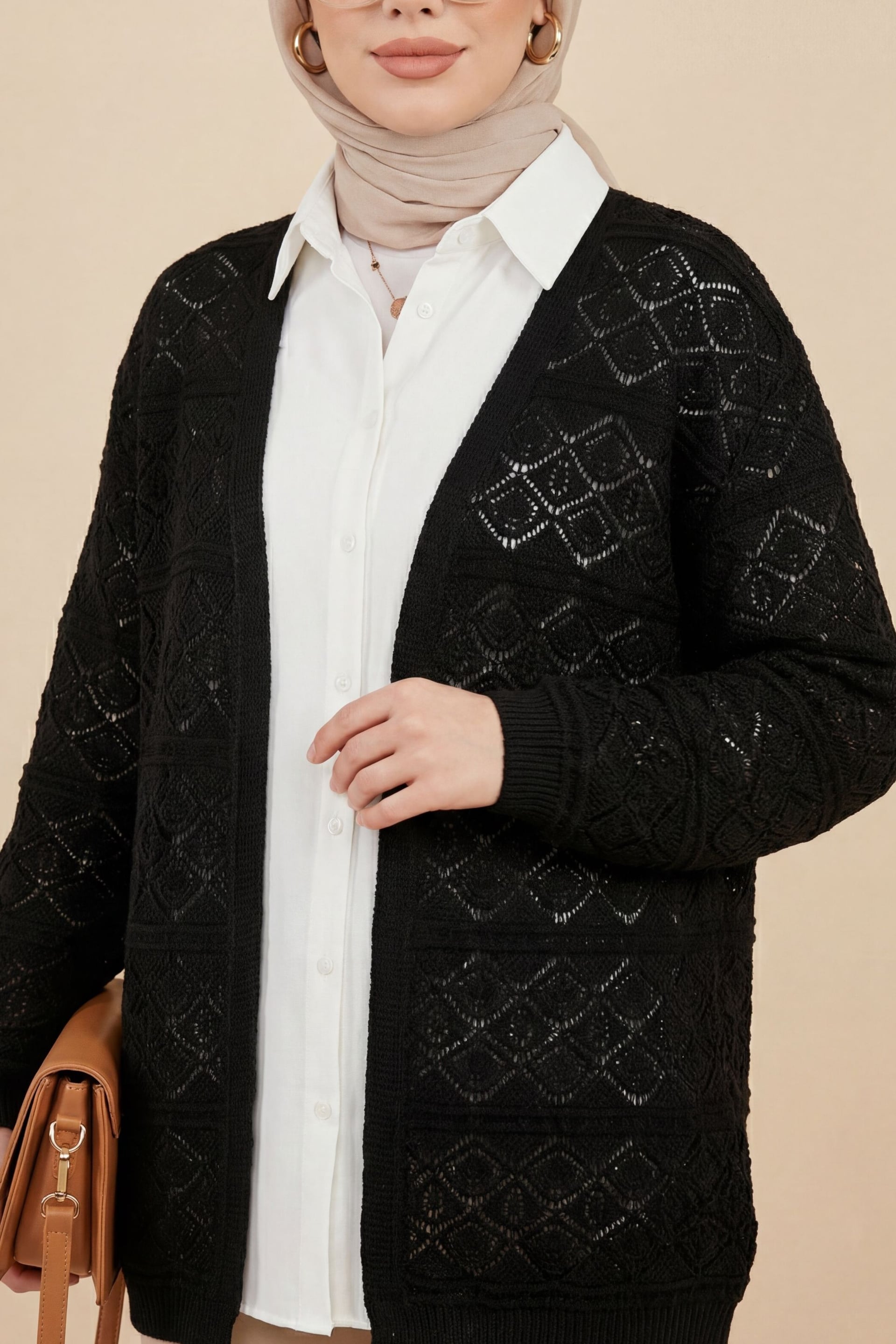 Black Square Pattern Open-Knit Cardigan - Podyumplus - by Peralane - photo 3