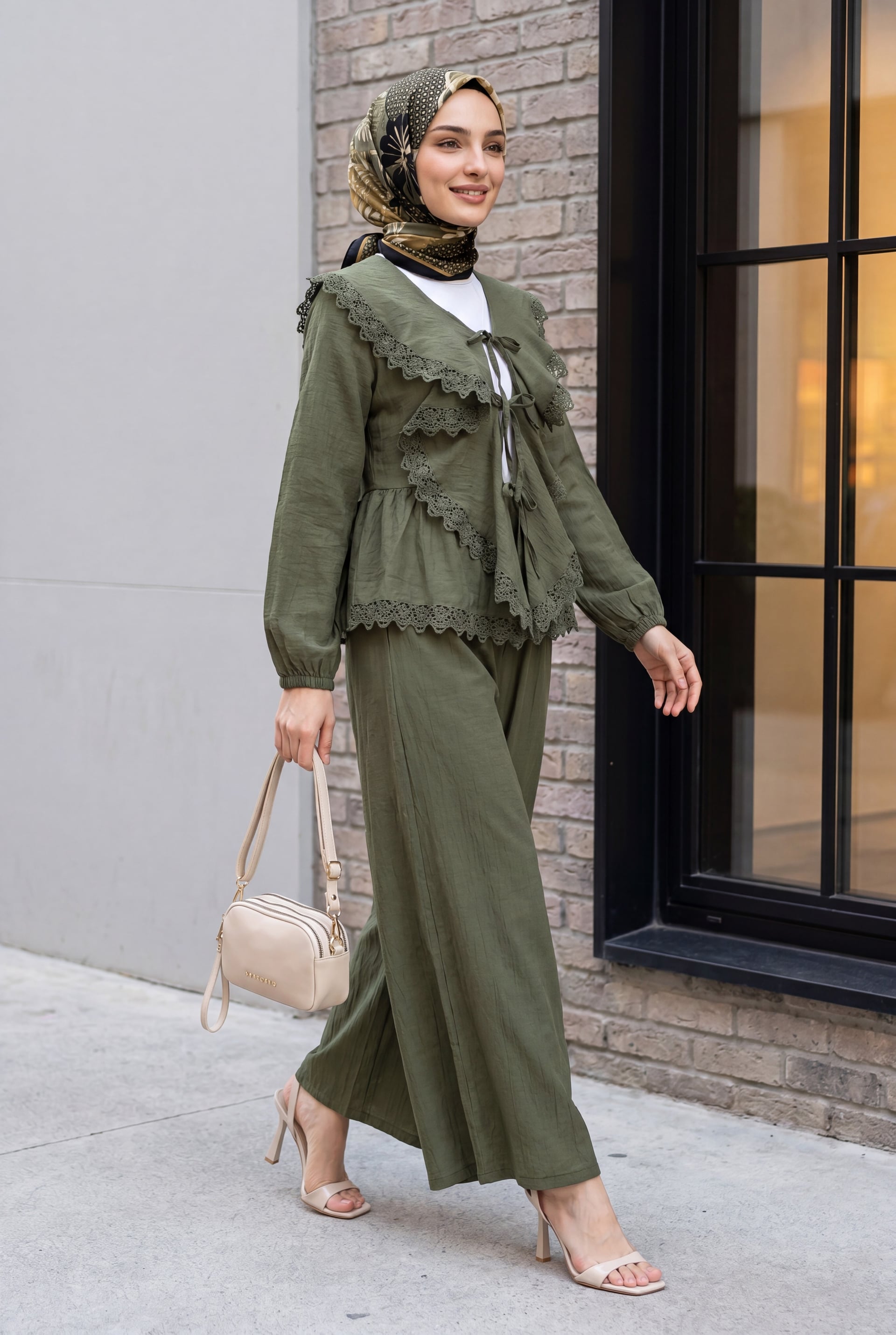 Women's Lace Detail Peplum Top and Wide-Leg Trousers Co-ord Set in Olive Green - Podyumplus - by Peralane - photo 5