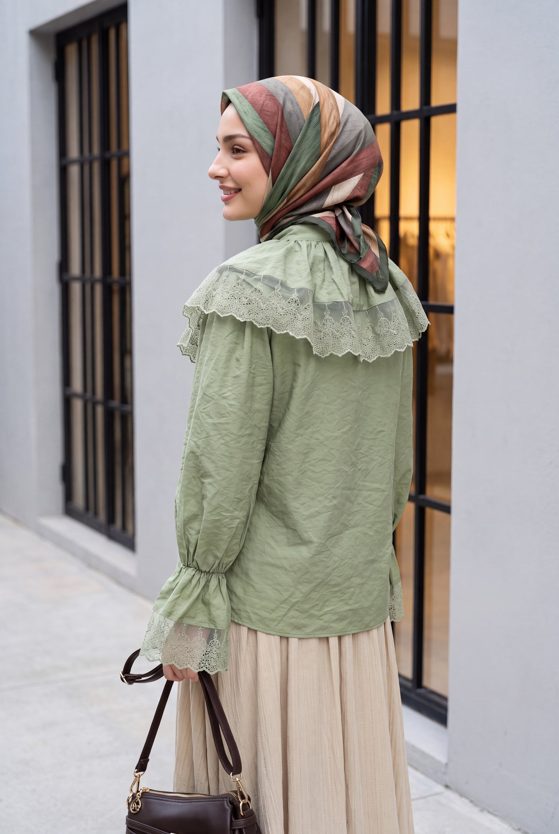 High Neck Long Sleeve Lace Detail Buttoned Modal Blouse in Sage Green - Podyumplus - by Peralane - photo 2