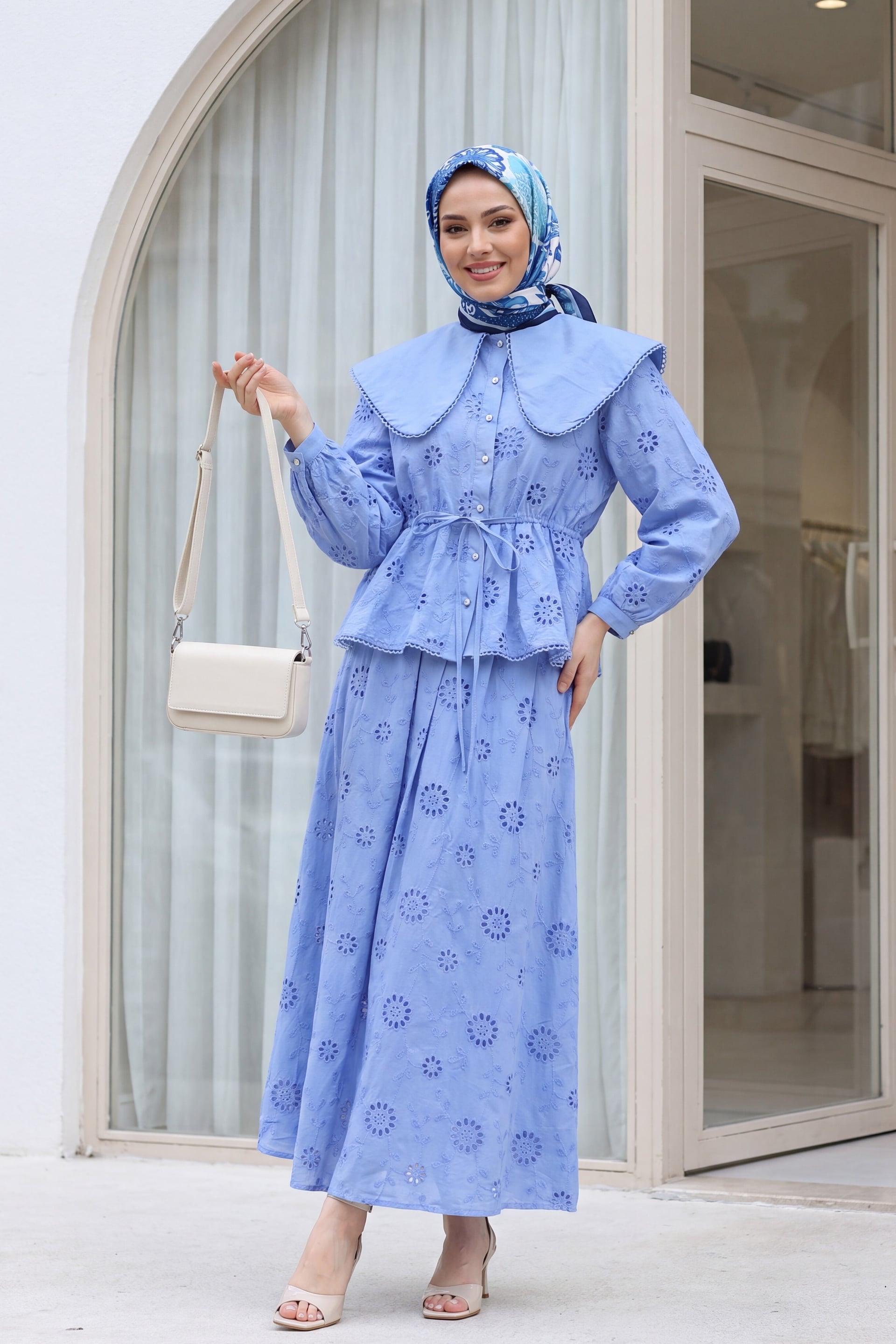 Baby Collar Tie Waist Embroidered Linen Look Two-Piece Set - Blue - Podyumplus - by Peralane - photo 2