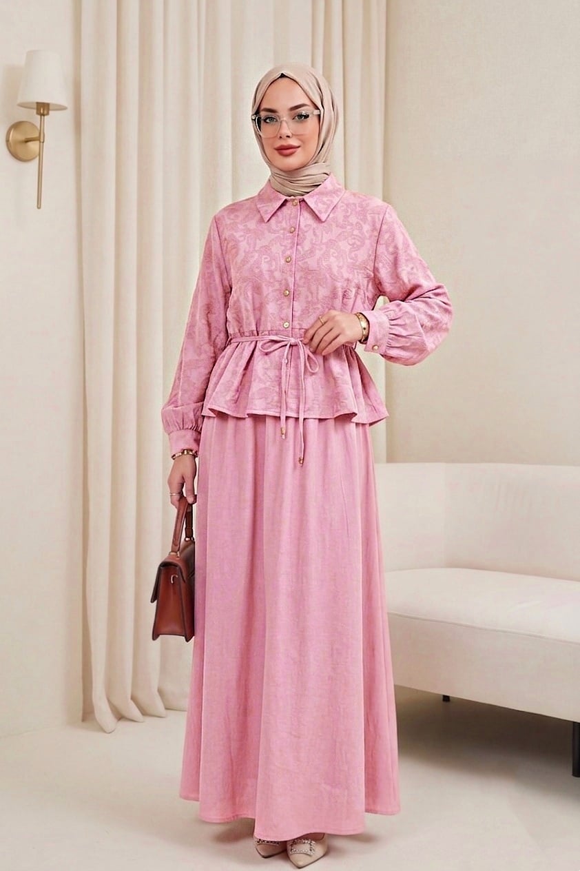 Pink Jacquard Modest Set with Stone Button Detail and Tie Waist - Podyumplus - by Peralane - photo 2