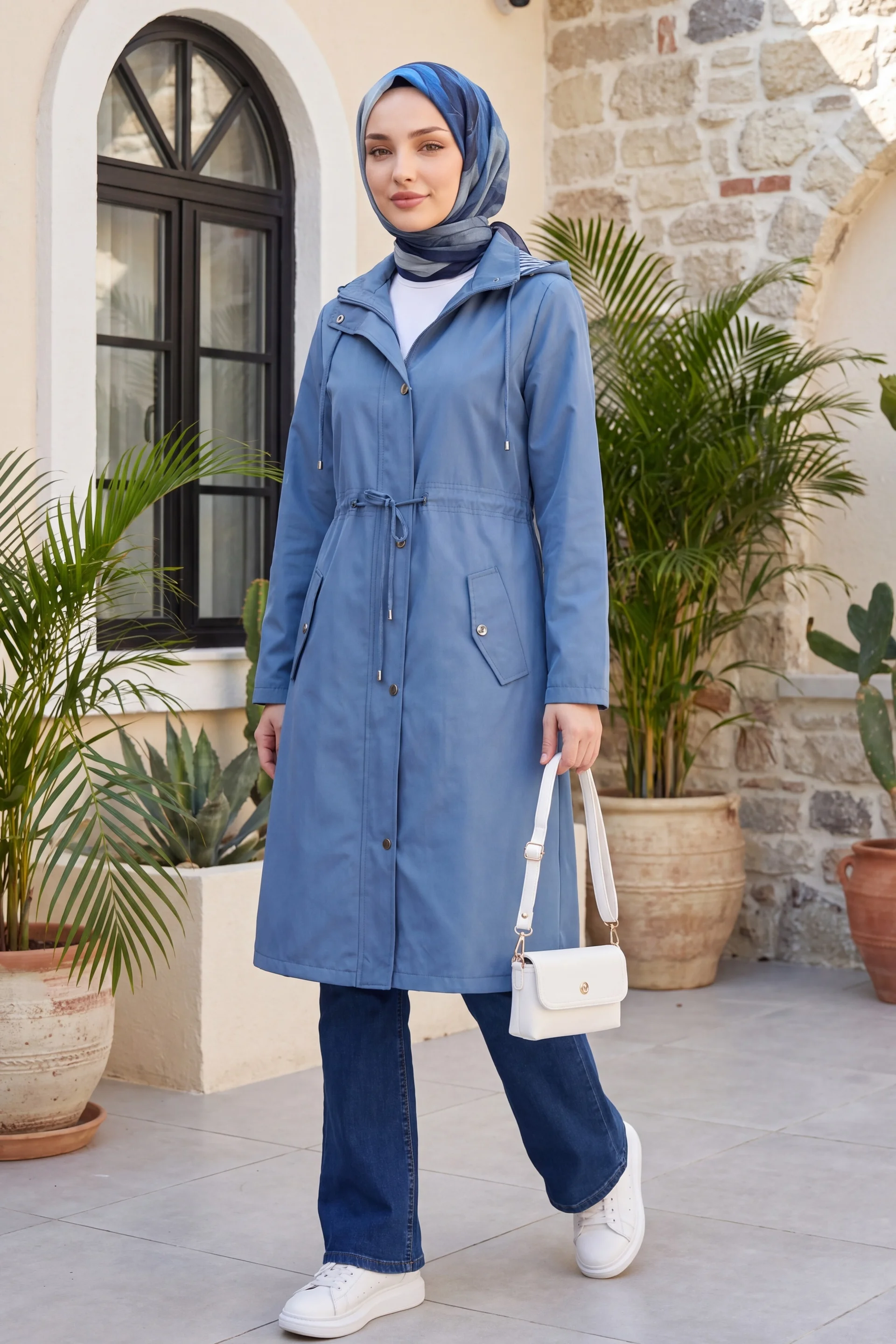 Striped Lined Hooded Trench Coat in Indigo - Podyumplus - by Peralane - photo 2