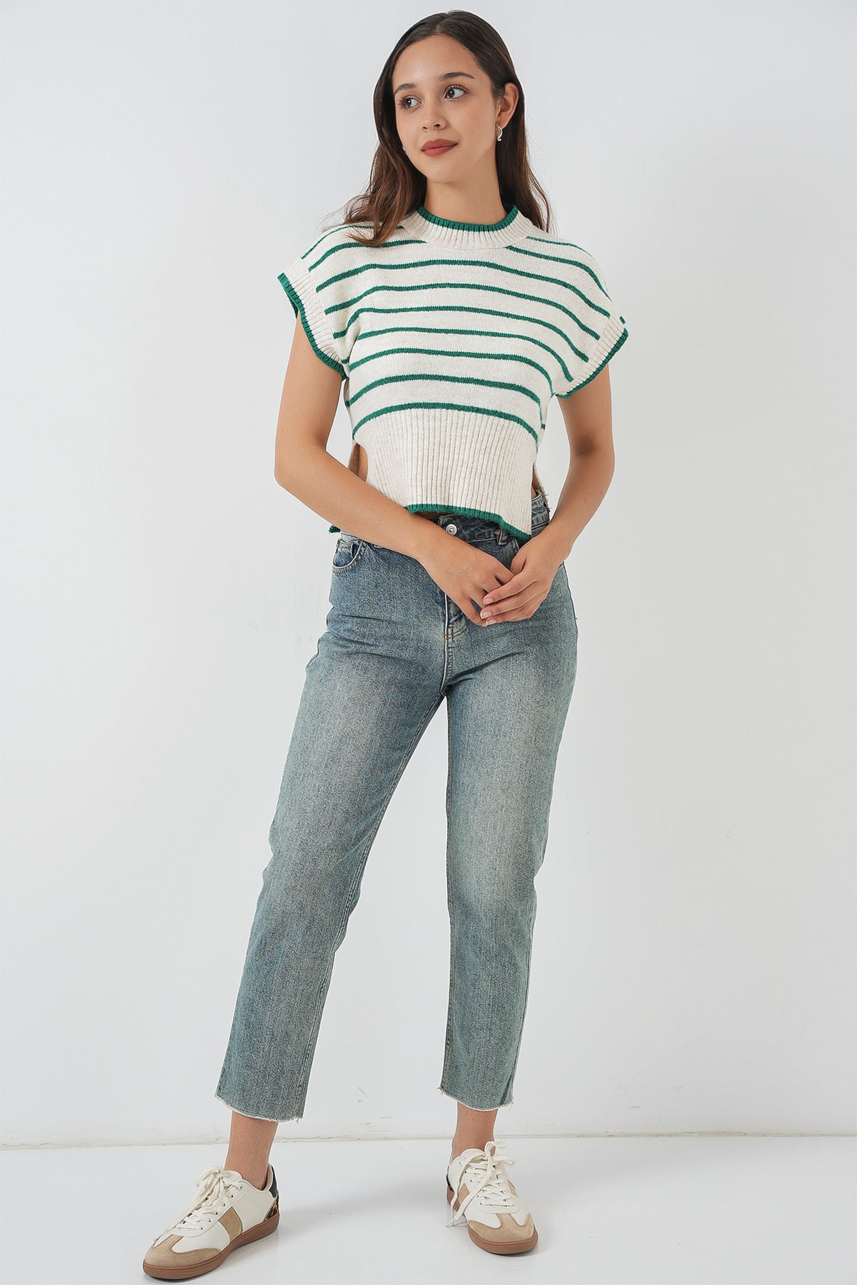 Women's Striped Knit Sweater in Emerald Green - Bigdart - by Peralane