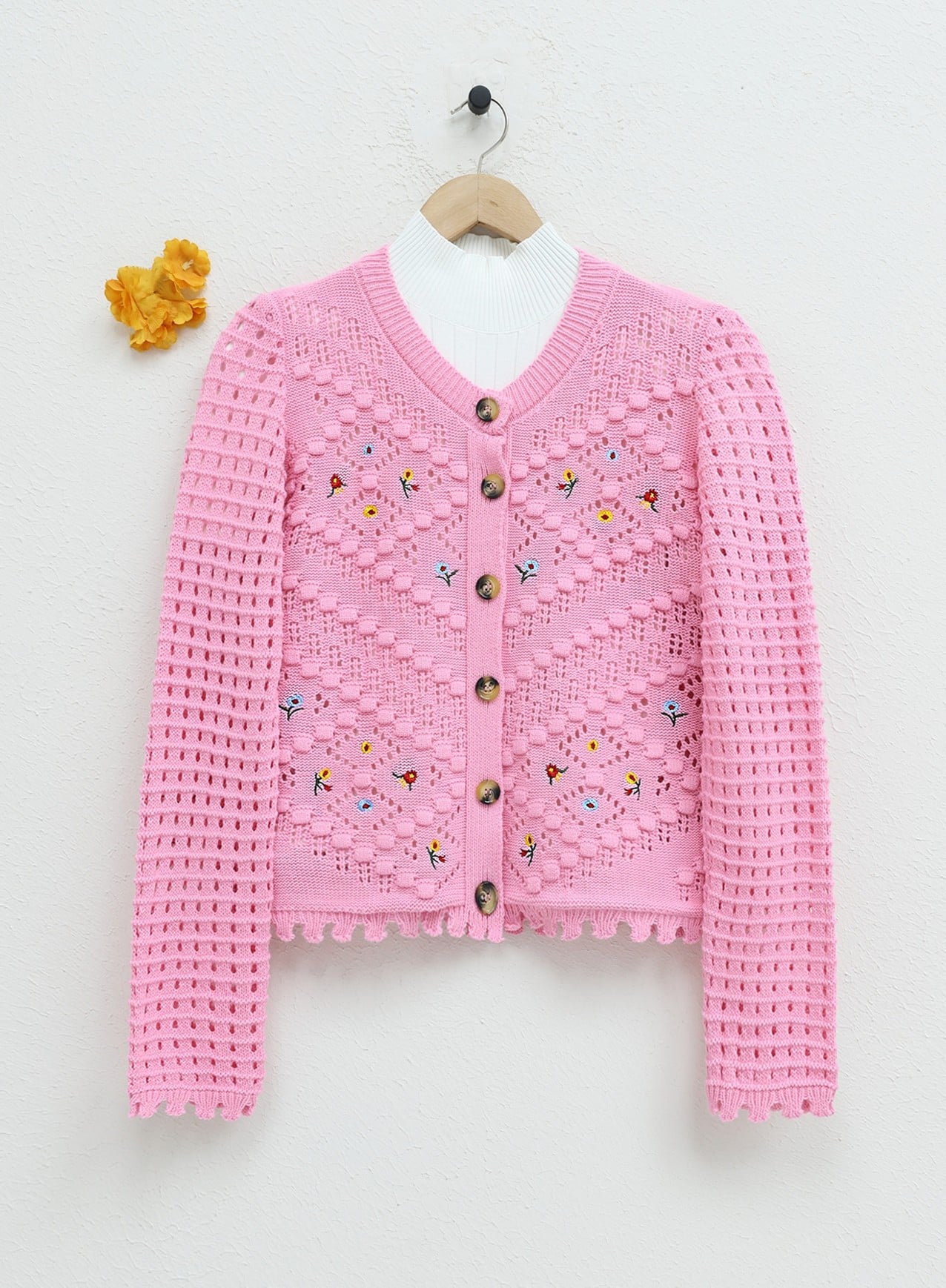 Girls' Knit Cardigan with Floral Embroidery and Pom-Pom Details - Pink - Podyumplus - by Peralane - photo 2