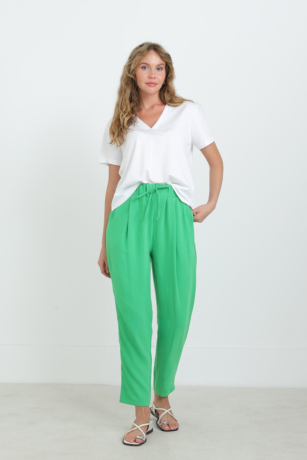 Women's Drawstring Waist Wide-Leg Trousers in Bright Green - Puane - by Peralane