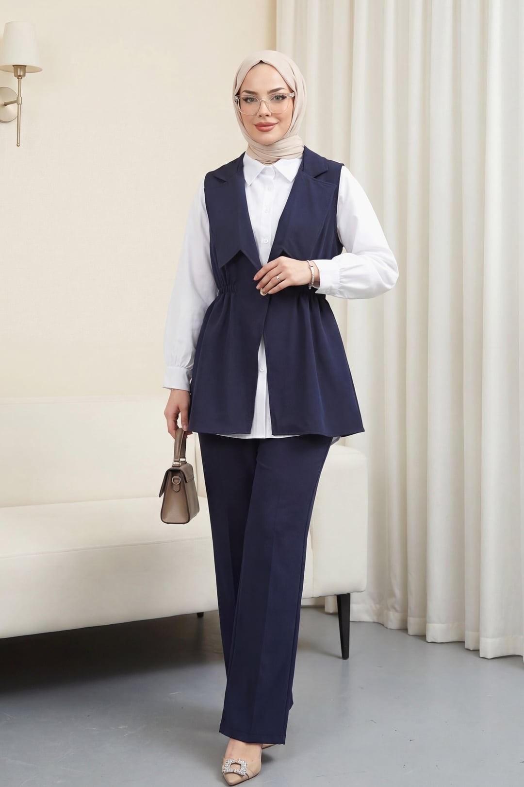 Cross-Collar Elasticated Waist Vest and Trousers Modal Set - Navy Blue - Podyumplus - by Peralane