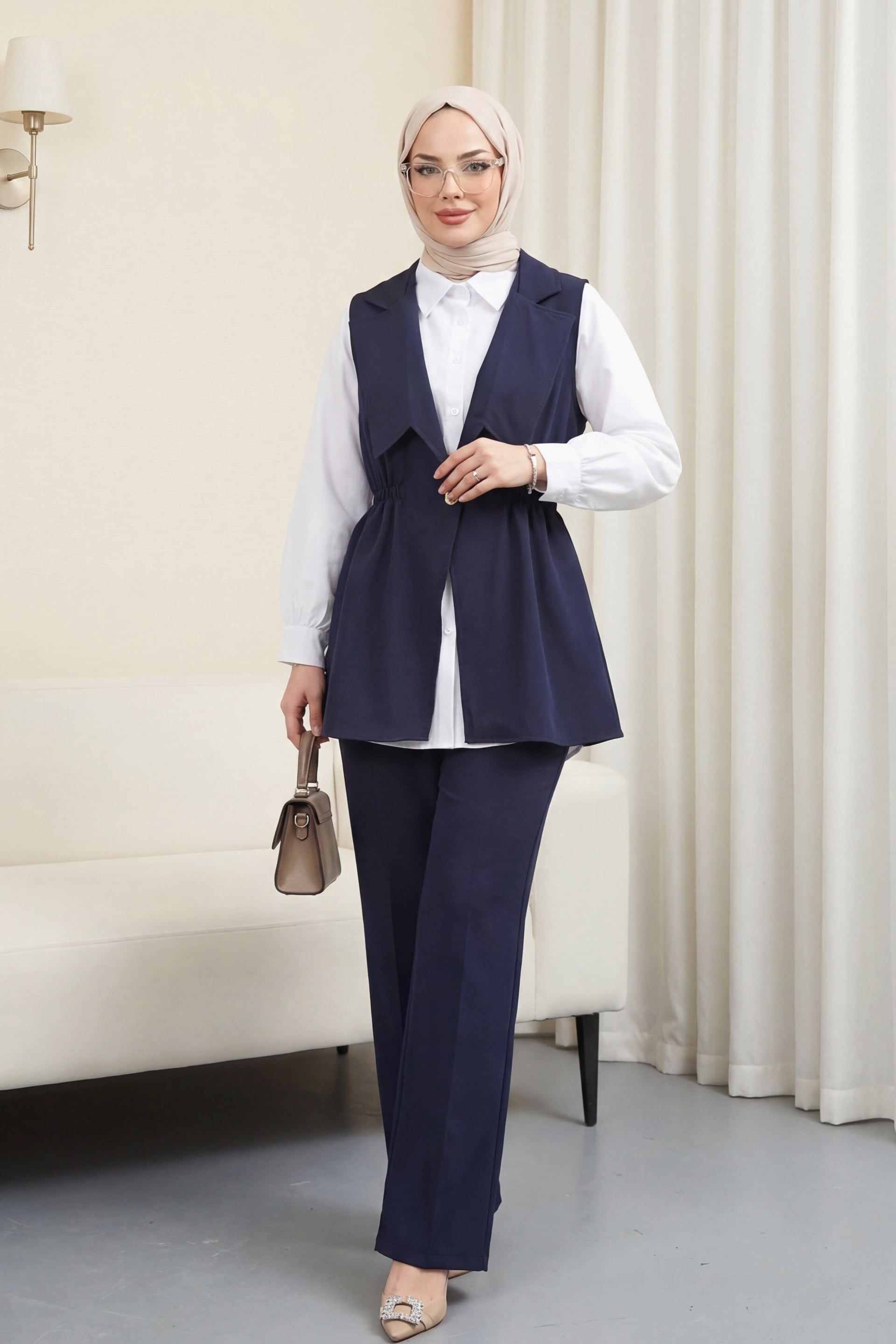 Cross-Collar Elasticated Waist Vest and Trousers Modal Set - Navy Blue - Podyumplus - by Peralane