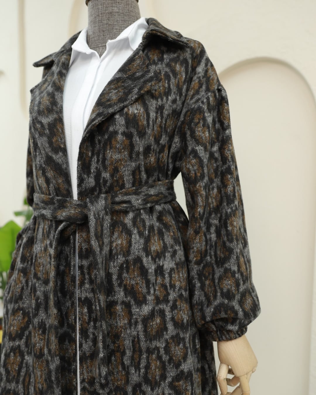 Leopard Print Belted Wrap Coat with Notched Lapel - Podyumplus - by Peralane - photo 5