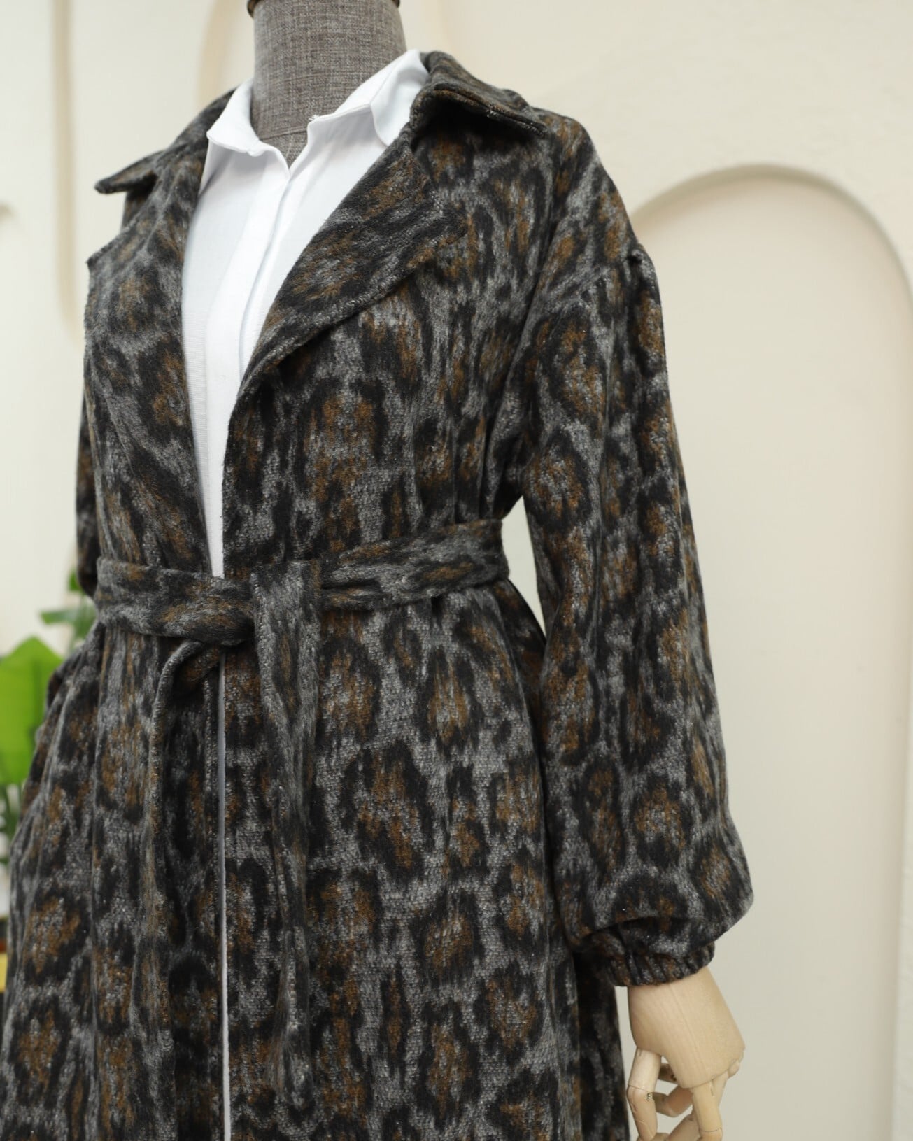 Leopard Print Belted Wrap Coat with Notched Lapel - Podyumplus - by Peralane - photo 5